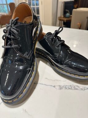 Dr. Martens Black Patent Leather 3-Eye Derby Shoes with Yellow Stitching 1461